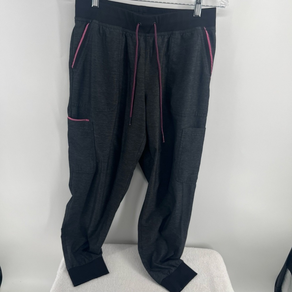 Koi Women's Charcoal Gray Jogger Scrub Pants Pink Trim Pockets sz m